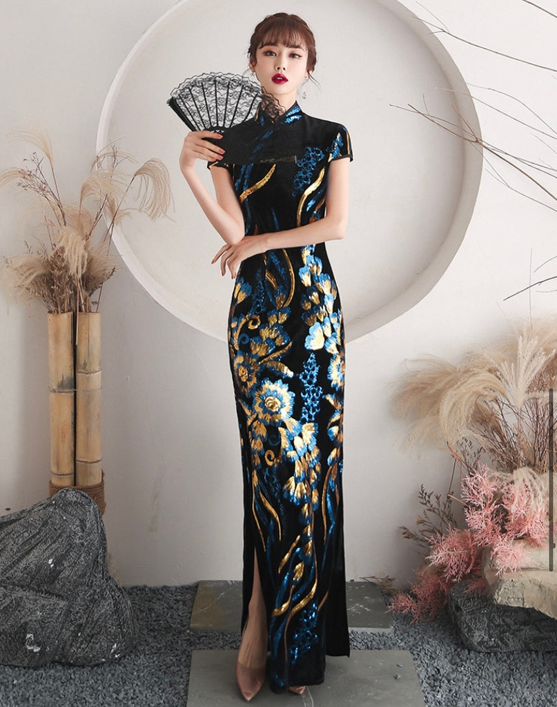 BUYISI Women Chinese Cheongsam Faux Silk Stain Dress Oriental Ball Gown Long  Qipao Red gold XL - Walmart.com